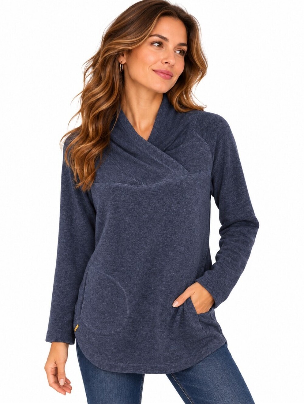 Lolë Women’s Large Navy Fleece Pullover Sweater Crossover Neck Cozy Activewear
